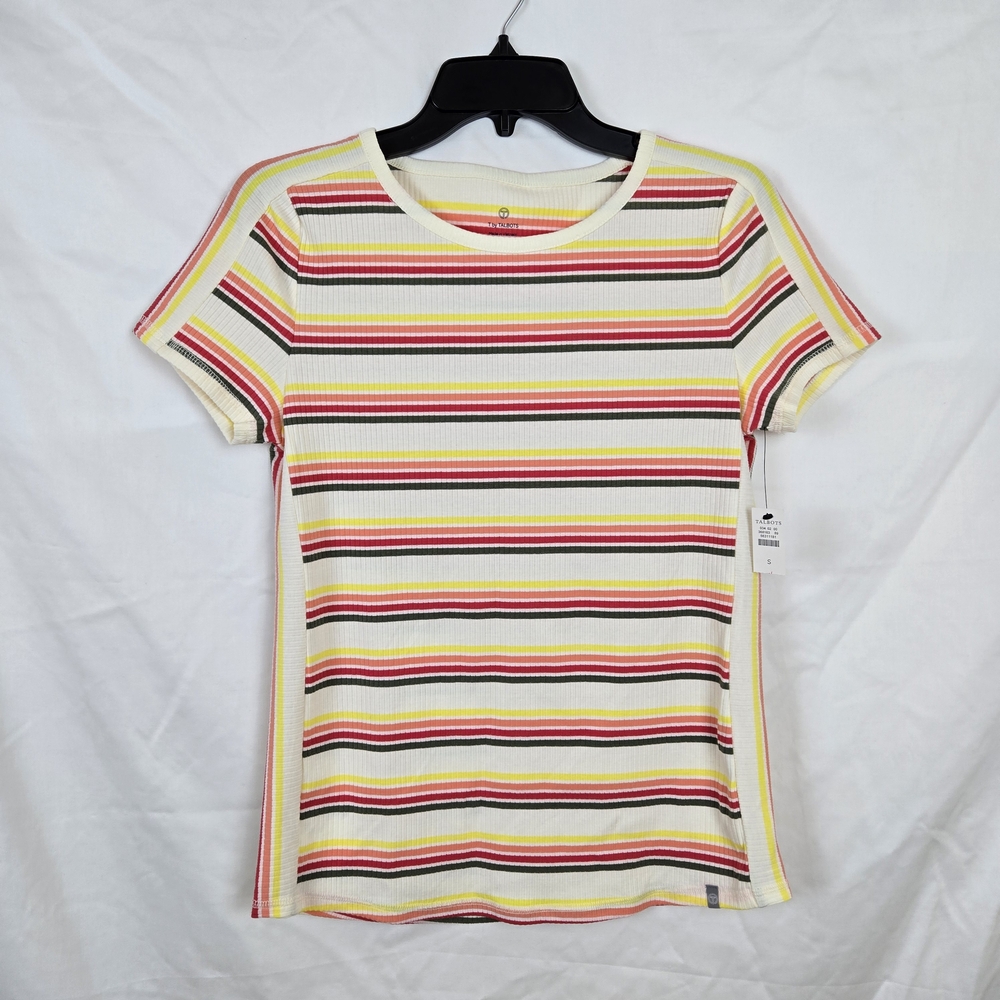 T by Talbots Women's Ribbed Ivory Multi Outing Stripe Short Sleeve Tee Small NEW